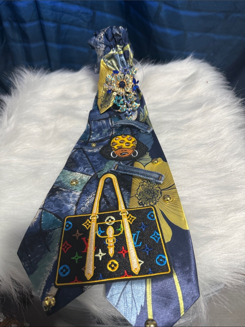 Navy & Yellow Floral Silk Junk Tie with Decorative Brooch